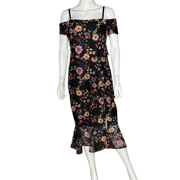 GUESS Off-The-Shoulder Lace Midi Dress Black Multi Floral Women’s NWT - Picture 2 of 10